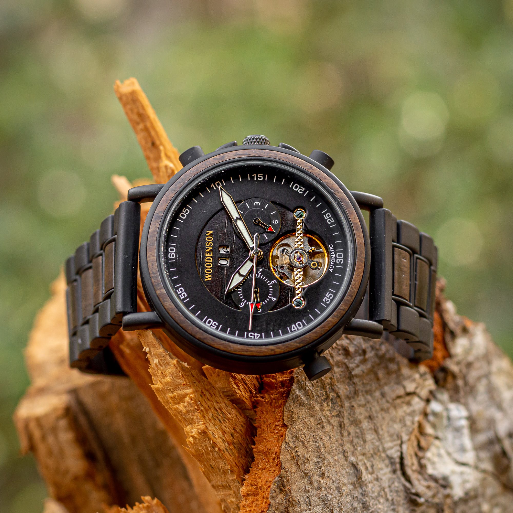 Reloj Automático de madera y acero modelo Obsidian - Woodenson Chile